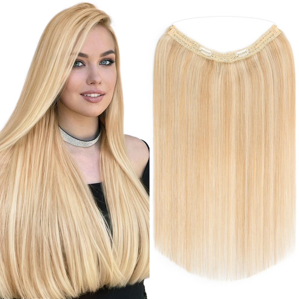 Unisex 16 Inch Ash Blonde And Bleach Blonde Remy Human Hair Clip In Extensions With Invisible Wire For Instant Length And Volume