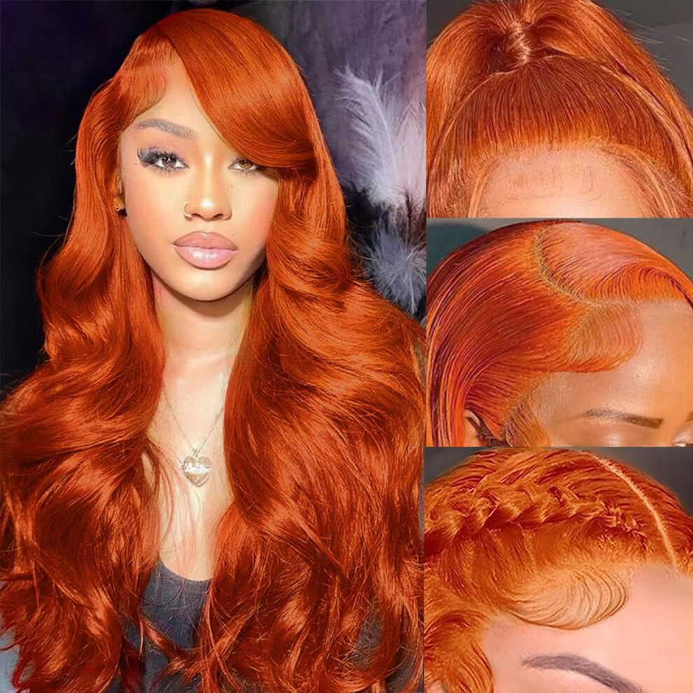 Unisex Orange 22 Inch Ginger Hd Lace Front Human Hair Wig Body Wave, Preplucked, 180% Density, Glueless