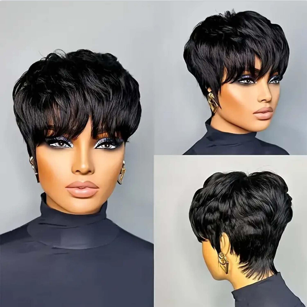 Unisex Black Pixie Cut Human Hair Wig 1B Glueless Brazilian Virgin For Women Natural Look