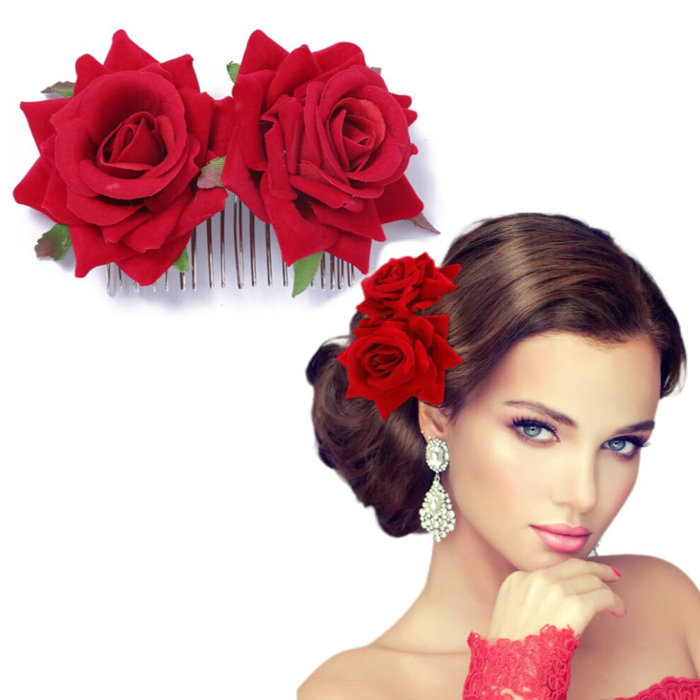 Wedding Hair Comb with Elegant Red Satin Roses, Bridal Hair Accessory for Brides and Bridesmaids