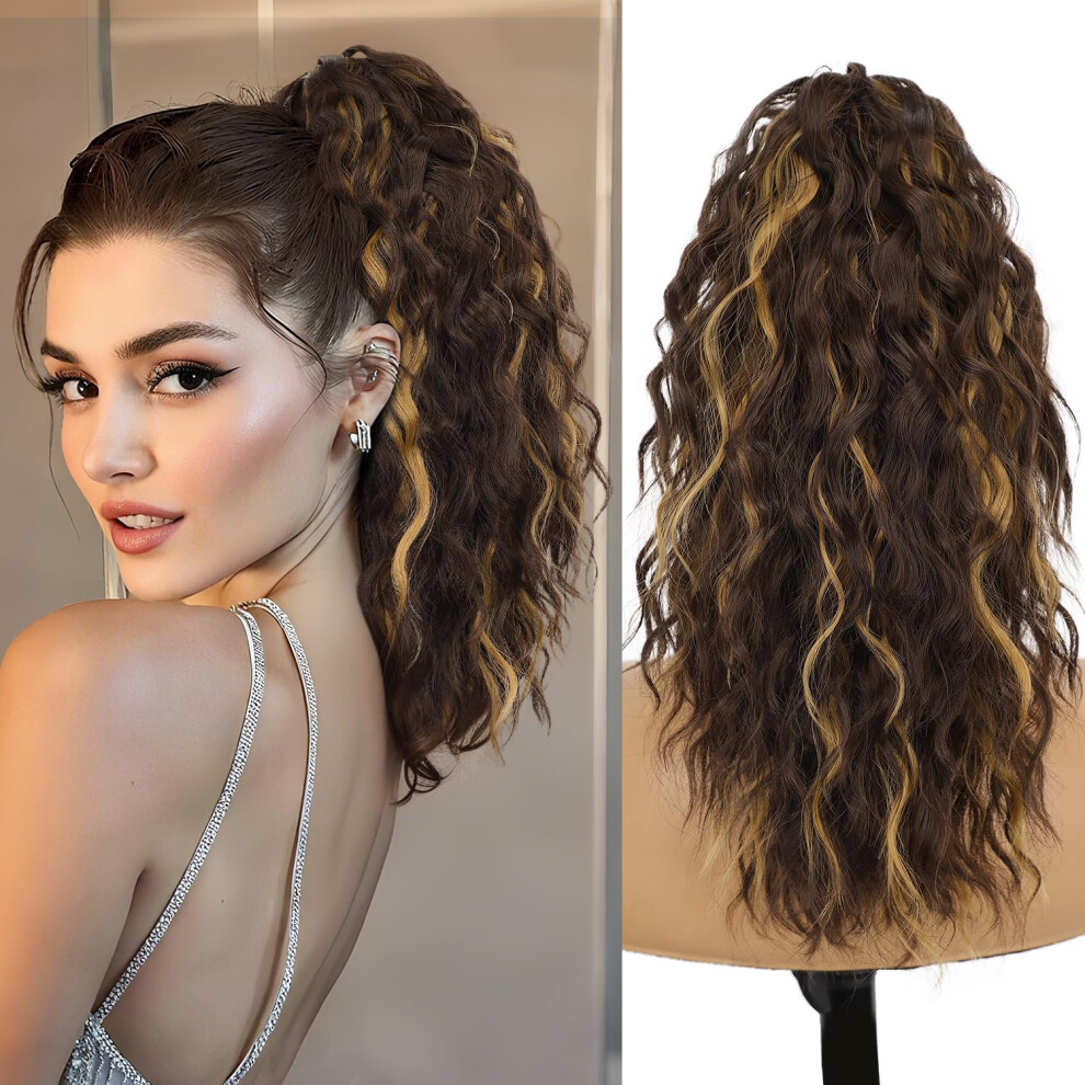 Unisex Brown Ponytail Hair Extensions 18 Inch Wavy Claw Clip Chocolate With Caramel Blonde Hairpiece