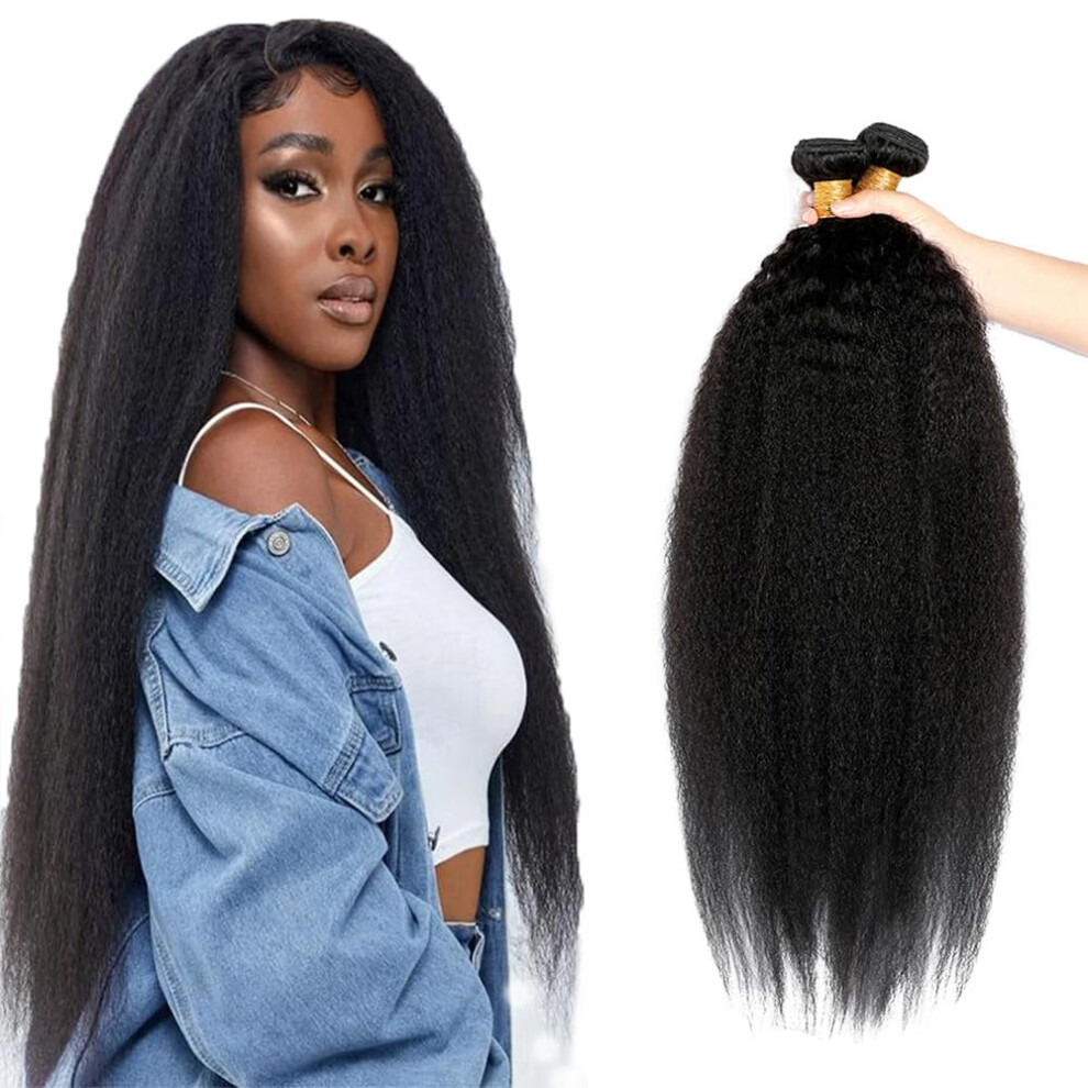 Unisex Black Kinky Straight Human Hair Bundles 3Pcs 18 Inch Peruvian Virgin Hair Natural Yaki Extensions