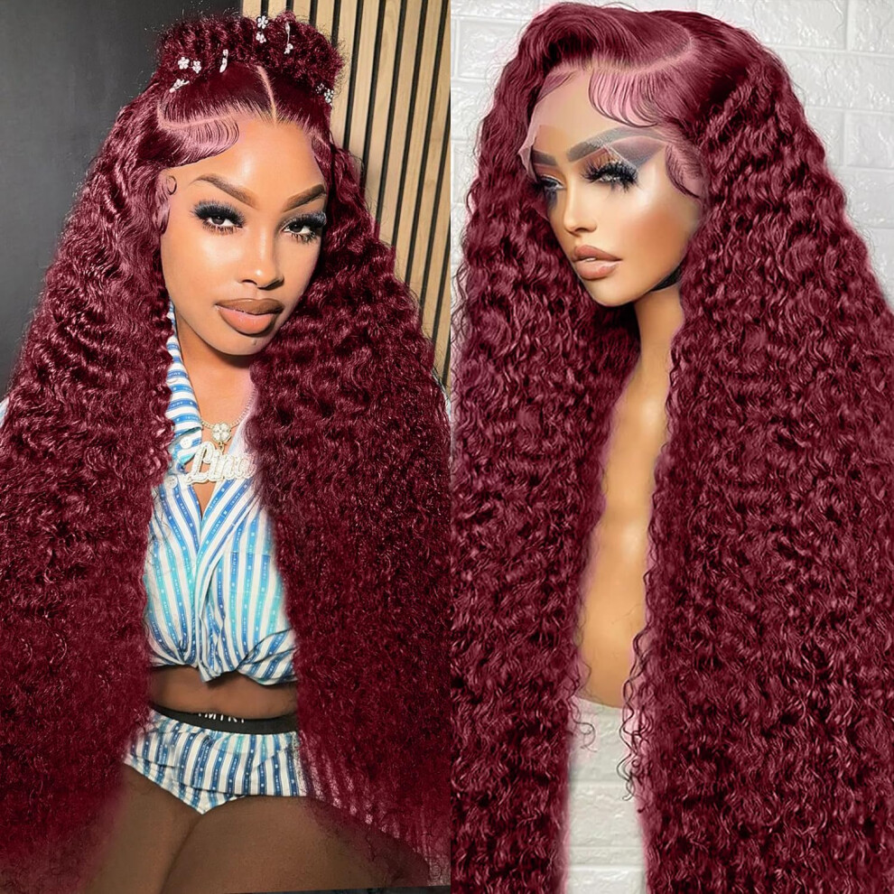 32 Inch 99J Burgundy Lace Front Wig Human Hair Deep Wave with Natural Hairline and Secure Fit