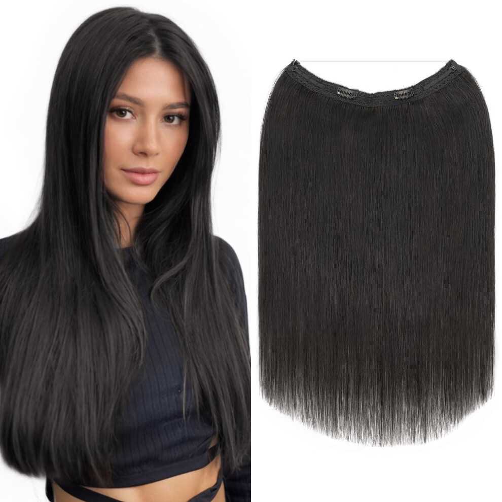 Unisex Black 20 Inch Jet Remy Human Hair Extensions Clip In With Adjustable Invisible Wire For Seamless Blend