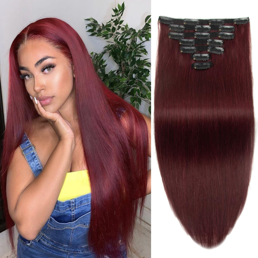 Unisex Red Wine Clip In Human Hair Extensions 22 Inch Brazilian Remy Double Weft With 16 Clips