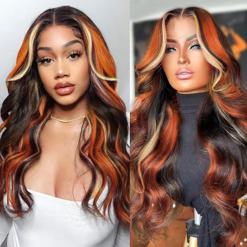 Unisex Black 24 Inch Body Wave Human Hair Lace Front Wig Brazilian Remy, Ginger Blonde Highlights, Pre Plucked 13X4 Transparent Lace