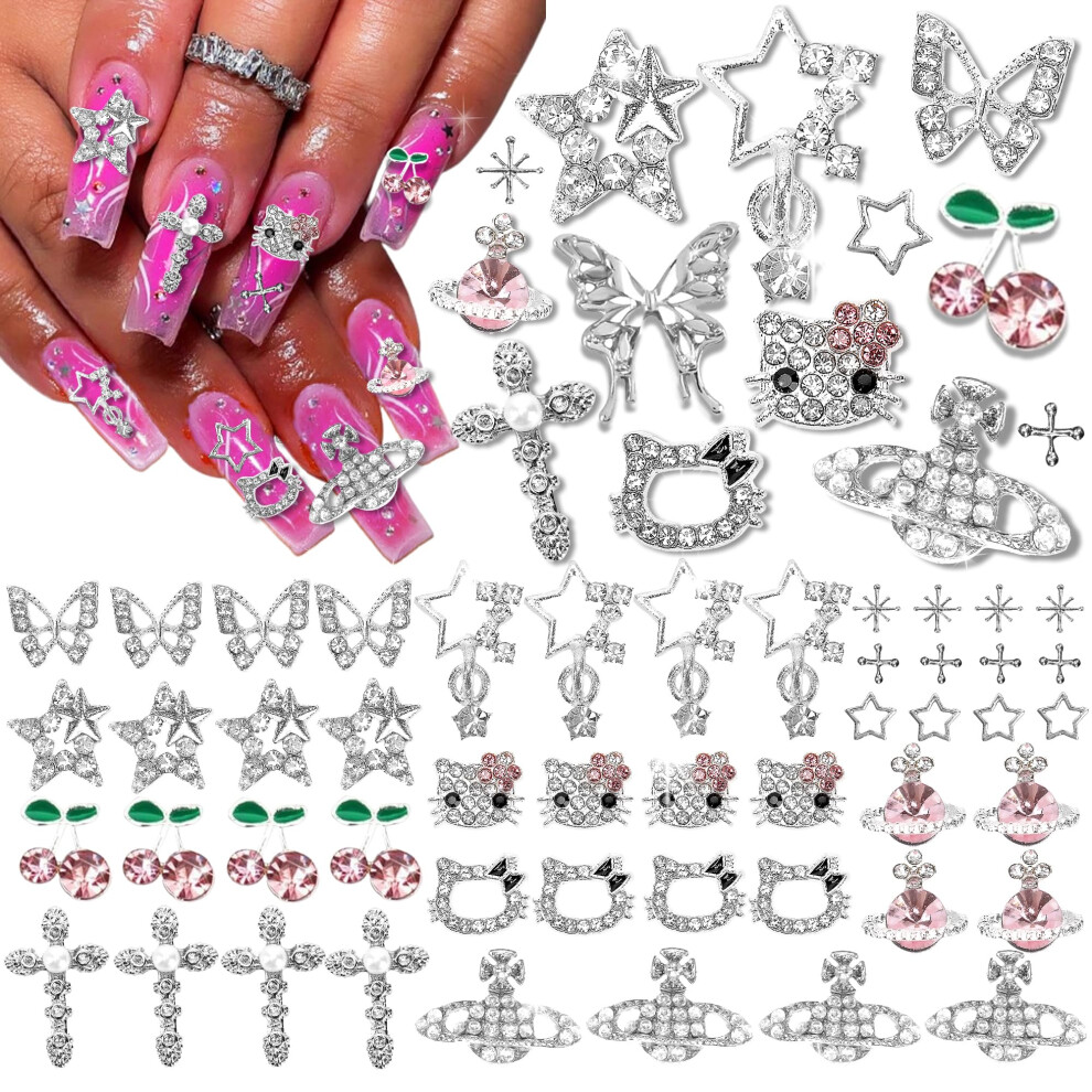 52PCS 3D Nail Charms Set with Butterfly and Star Rhinestones for Y2K Kawaii Nail Art Designs