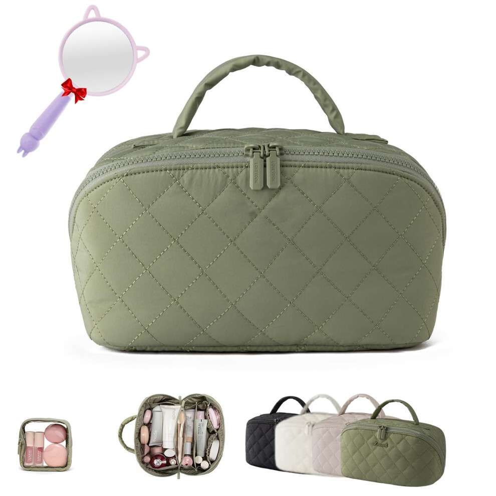 Green Travel Makeup Bag For Women, 2Piece Waterproof Pu Leather Layflat Cosmetic Organizer Set,