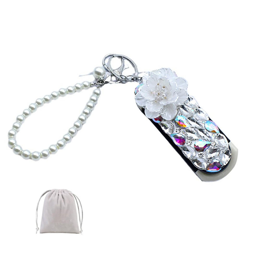 Unisex White Folding Hair Brush With Mirror Keychain, Rhinestone Pocket Comb With Pearl Wristlet For Women