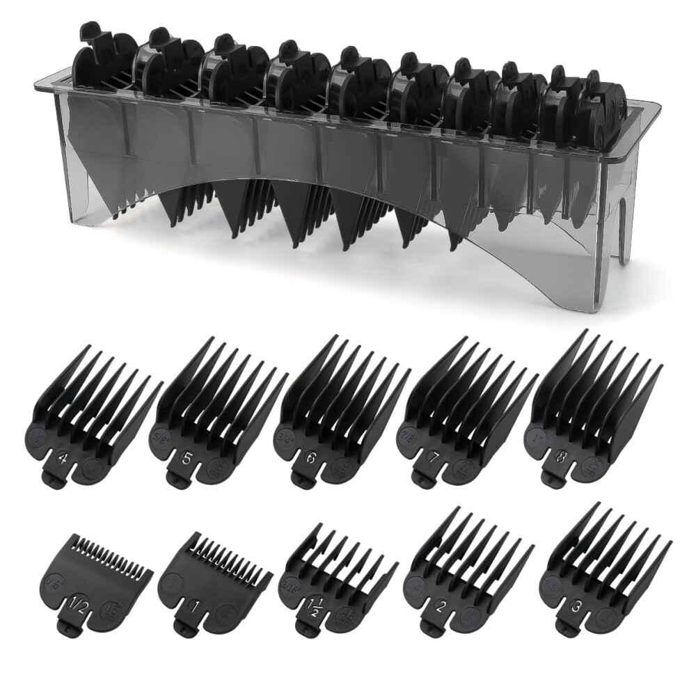 Clipper Guards Set 1/16 to 1 Inch with Organizer Tray, 10 Piece Hair Guide Comb Kit for Wahl Clippers