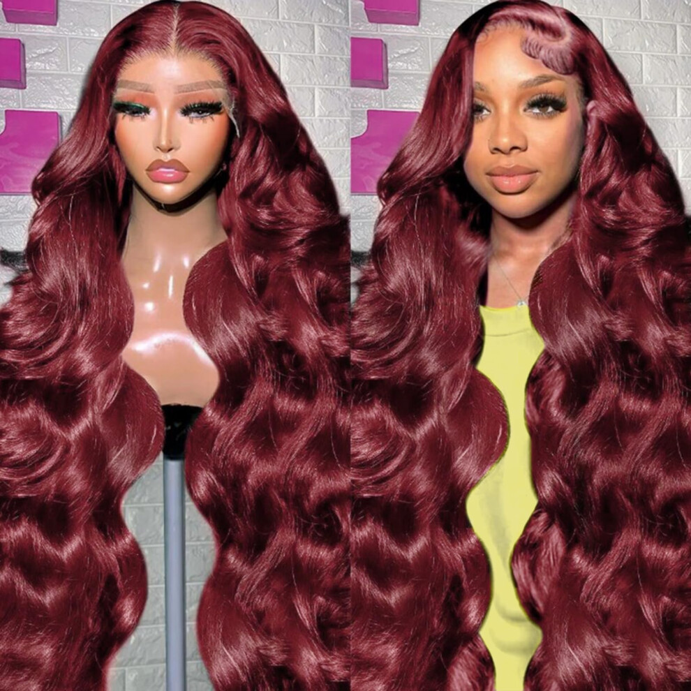 Unisex Red 99J Burgundy Human Hair Lace Front Wig 28 Inch Body Wave 13X6 Hd Pre Plucked Glueless
