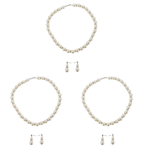 3Sets Traumhaftes Perlen-Set Weiß Schmuck Halskette Ohrringe 1