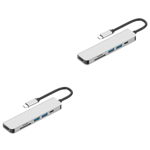 2Stk USB Hub Adapter Multifunktion Grau 6in1 Mit 87W Schnellladung 2