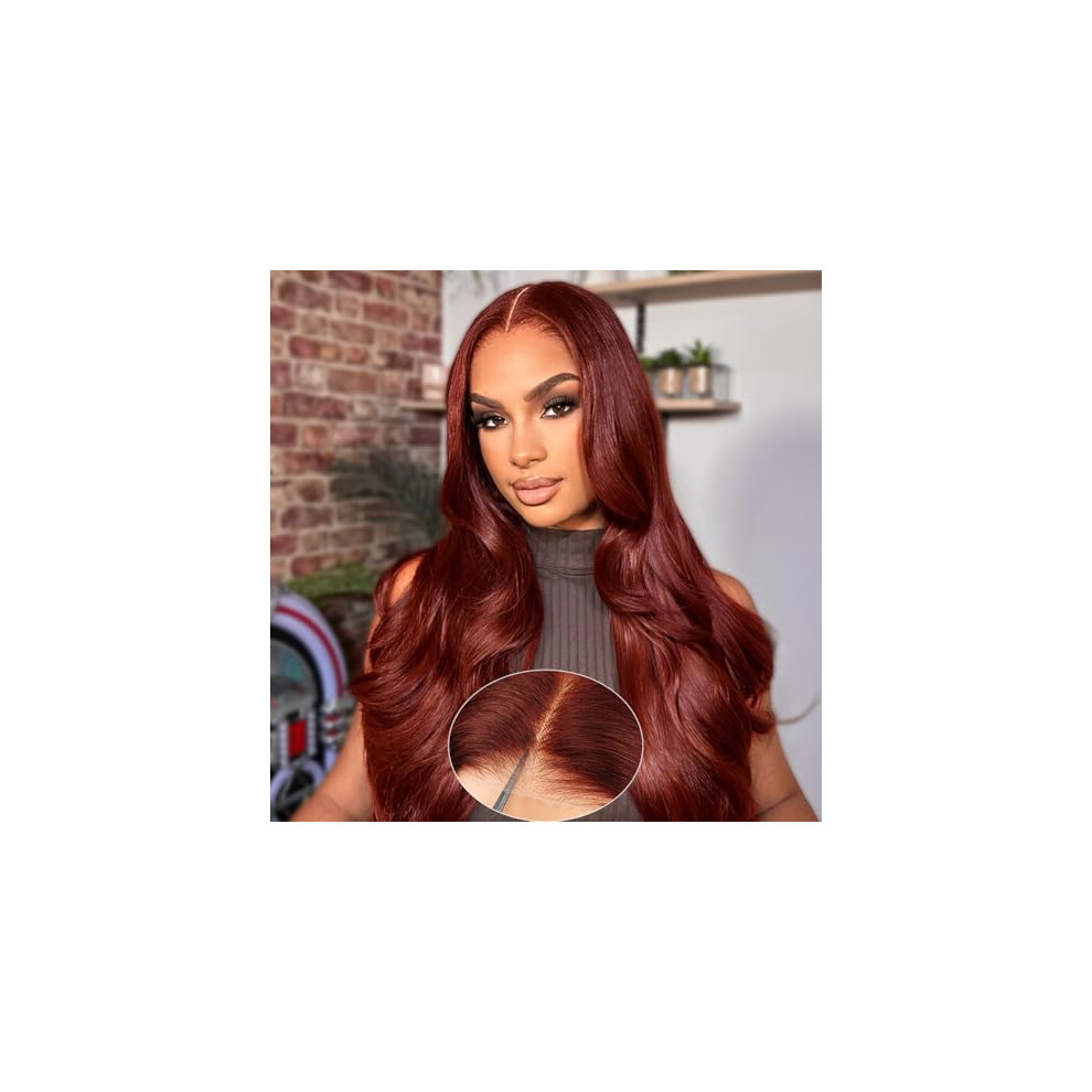 Unisex Brown 26 Inch Reddish Human Hair Lace Front Wig, 180% Density Hd Lace Glueless Wear And Go