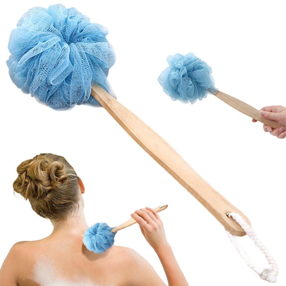 Bath Loofah with Wooden Handle, Soft Nylon Mesh Back Scrubber for Shower, Gentle Skin Exfoliation