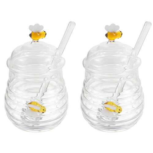2Pcs Glass Honey Jar With Dipper And Lid 2