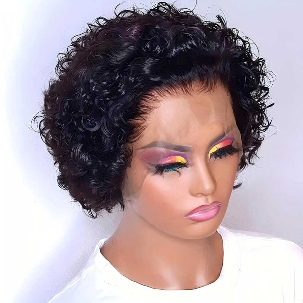 Unisex Black Pixie Cut Human Hair Wig For Women Short Curly 13X1 Hd Lace Front Natural Hairline 1B