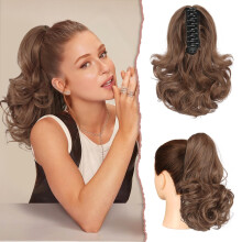 11 Inch Curly Claw Clip Ponytail Hair Extension with Defined Waves, Light Golden Brown Synthetic Hairpiece