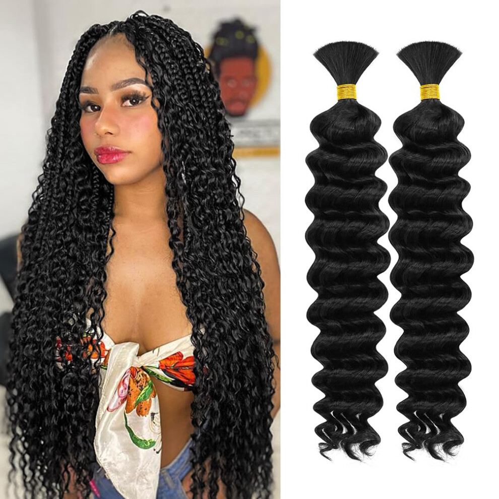 Unisex Black Human Braiding Hair 10A Brazilian Virgin Deep Wave 20Inch 2 Bundles Natural Boho Knotless Braids