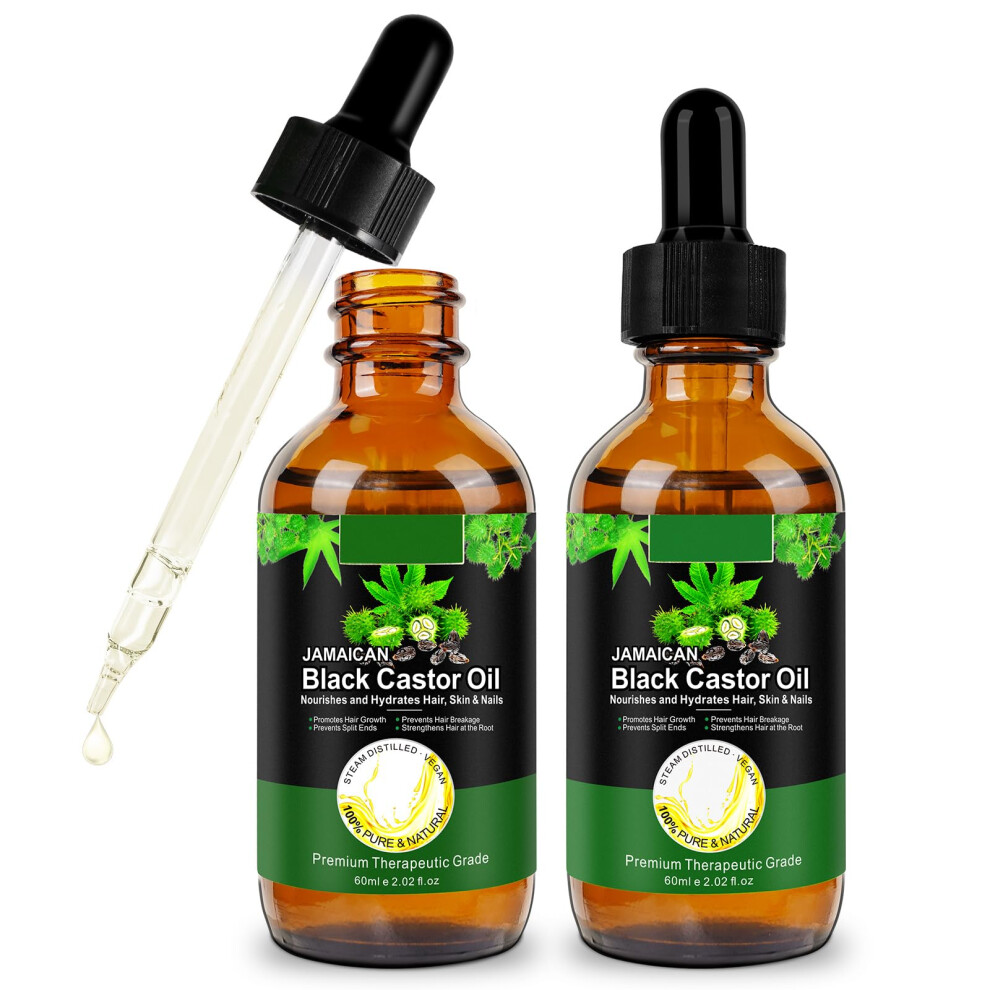 Black Jamaican Castor Oil 2Oz Cold Pressed For Hair Growth, Eyelashes, Eyebrows, Scalp And Skin (2 Pack)