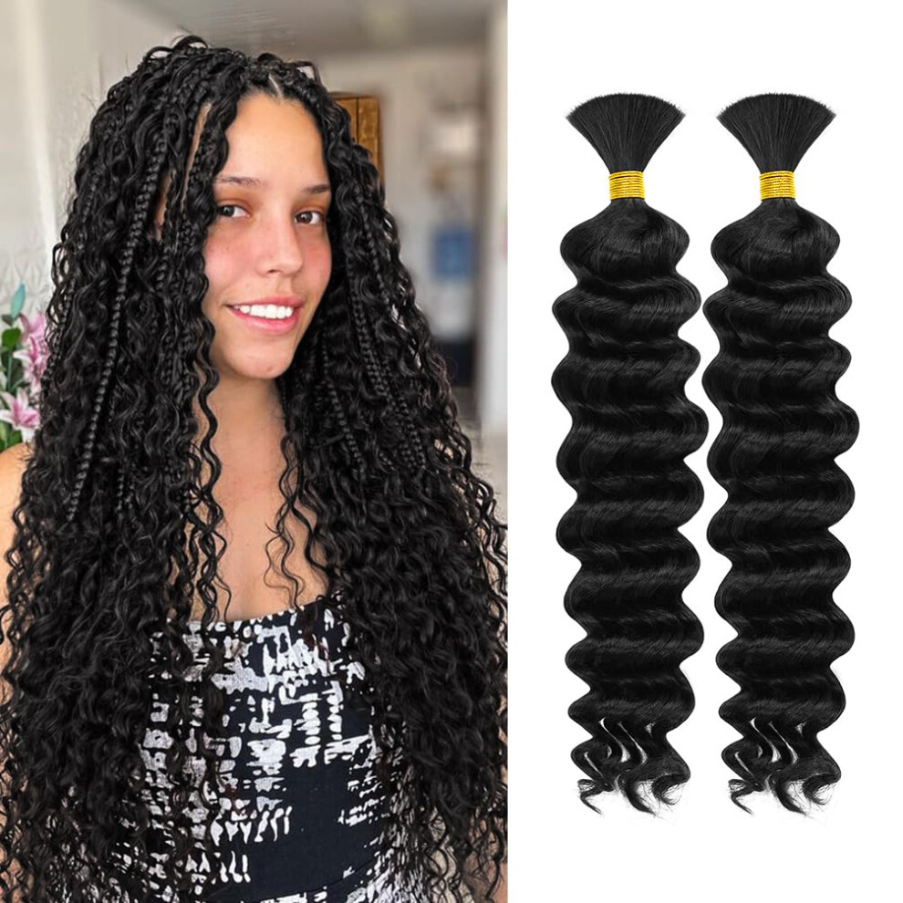 Unisex Black Brazilian Virgin Human Braiding Hair 18 Inch Deep Wave Boho Knotless Braids 2 Bundles Natural
