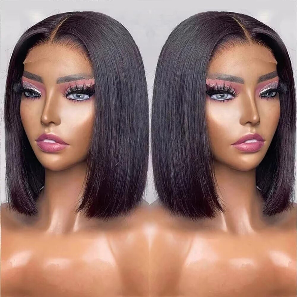 Unisex 16 Inch Hd Lace Front Human Hair Bob Wig, Glueless Preplucked Brazilian Straight, 150% Density