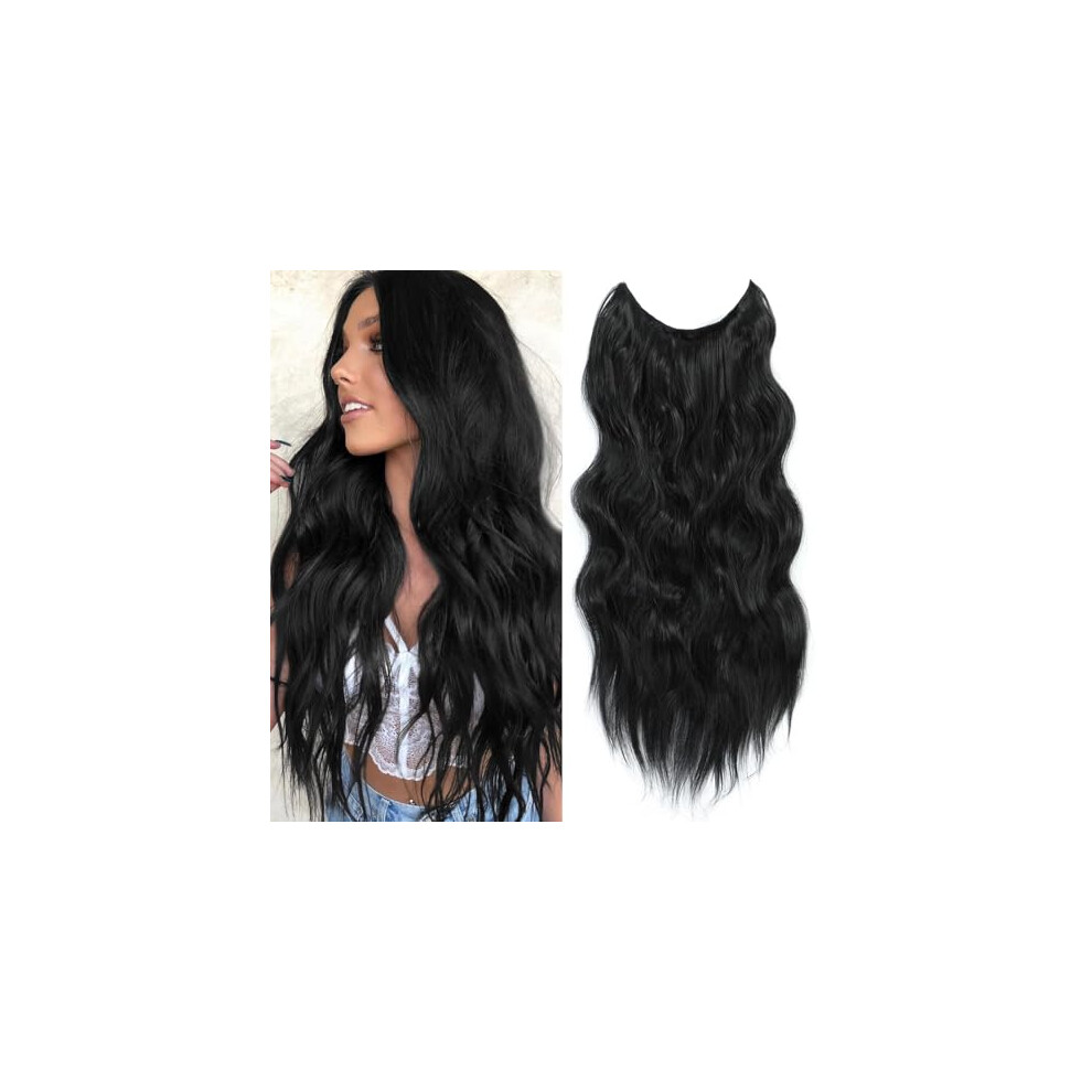 Unisex Halo Hair Extensions 24 Inch Invisible Wire Hairpiece With Clips, Adjustable Long Wavy Synthetic