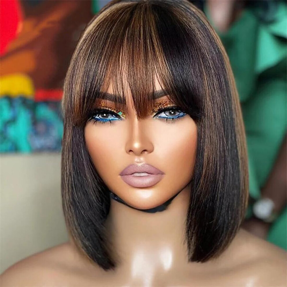Unisex Brown Human Hair Bob Wig With Bangs Glueless 10 Inch Lace Front Highlights Natural Hairline