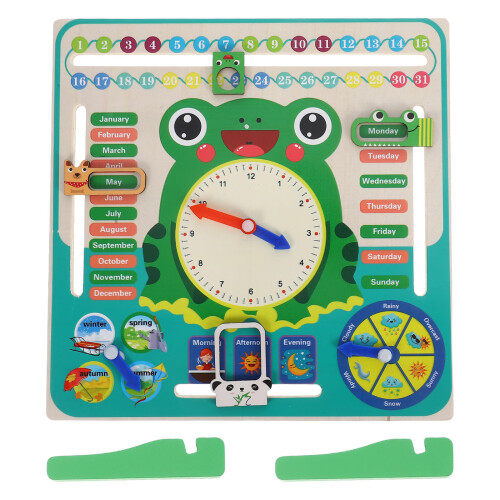 2Pcs Wooden Clock Calendar Frog Teaching Time And Date Tool