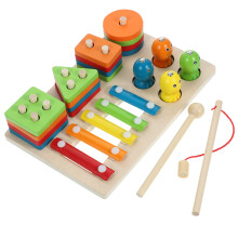 4 Sets Wooden Shape Sorting Stacking And Fishing Learning Toy