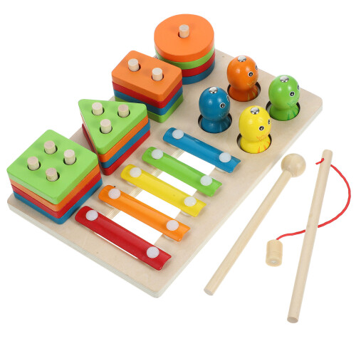 4 Sets Wooden Shape Sorting Stacking And Fishing Learning Toy