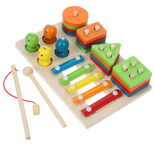 4 Sets Wooden Shape Sorting Stacking And Fishing Learning Toy 1
