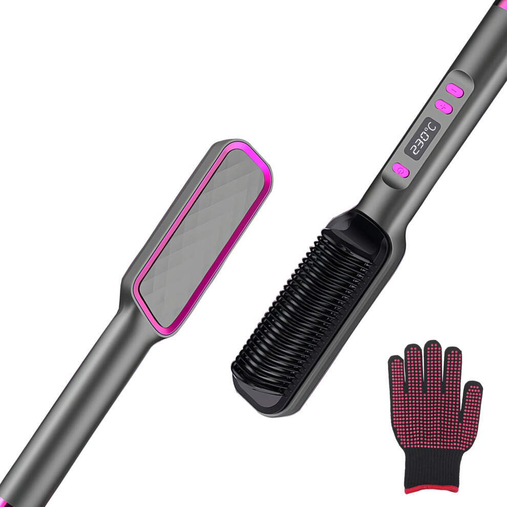 Black Hair Straightener Brush With Negative Ion Technology, 30S Fast Heating, 4 Temp Modes, Auto Shutoff,