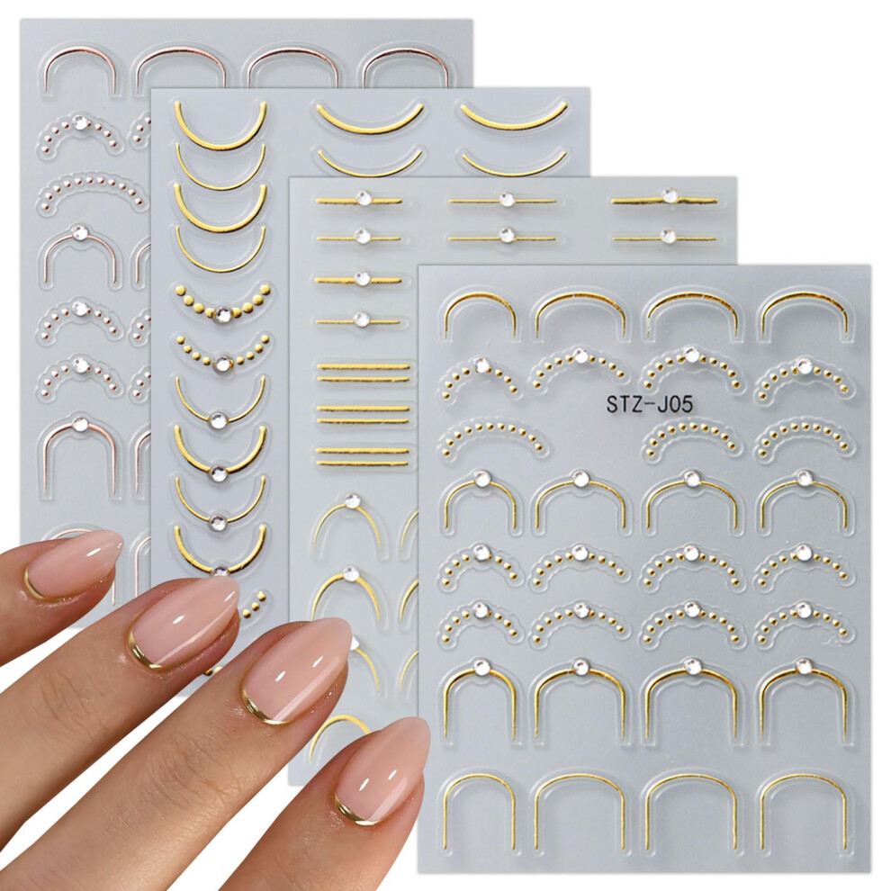 Gold 3D Embossed French Tip Nail Art Stickers With Line, Selfadhesive 5D Nail Decoration, 4 Sheets