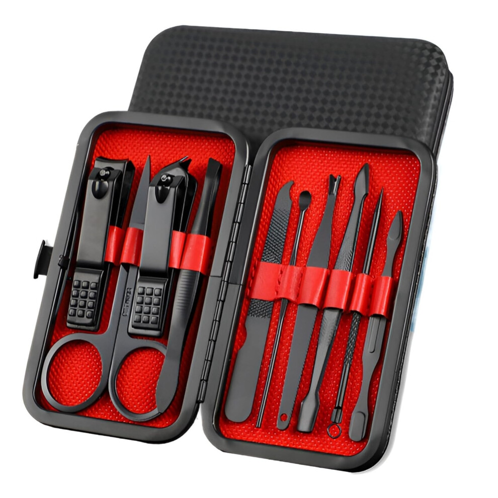 Nail Clippers Set for Men, Stainless Steel 10Piece Manicure Kit with Nail File and Travel Case, Black