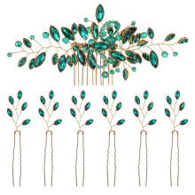 Emerald Green Bridal Hair Comb Set with Gold Crystal Hairpins for Wedding Updo and Bridesmaids