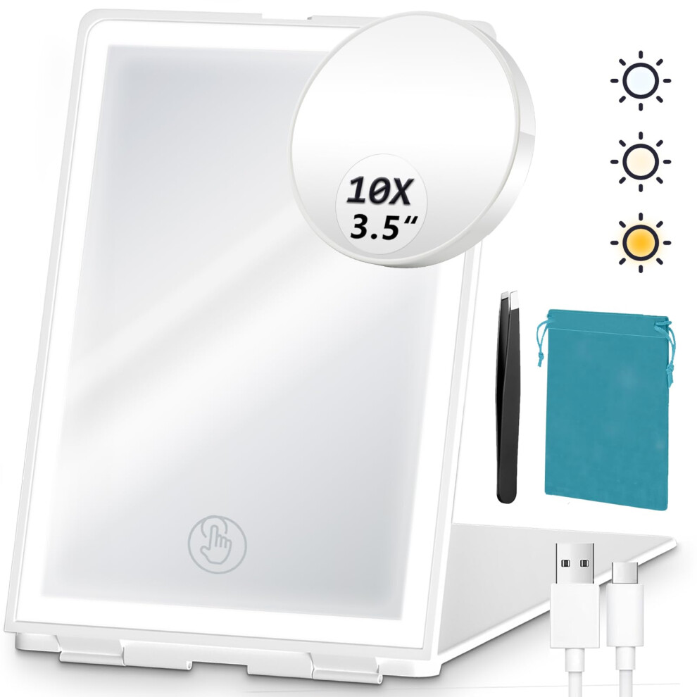 Lighted Travel Makeup Mirror with 72 LED, 3 Color Modes, Rechargeable Folding Mirror with 10X Magnifier