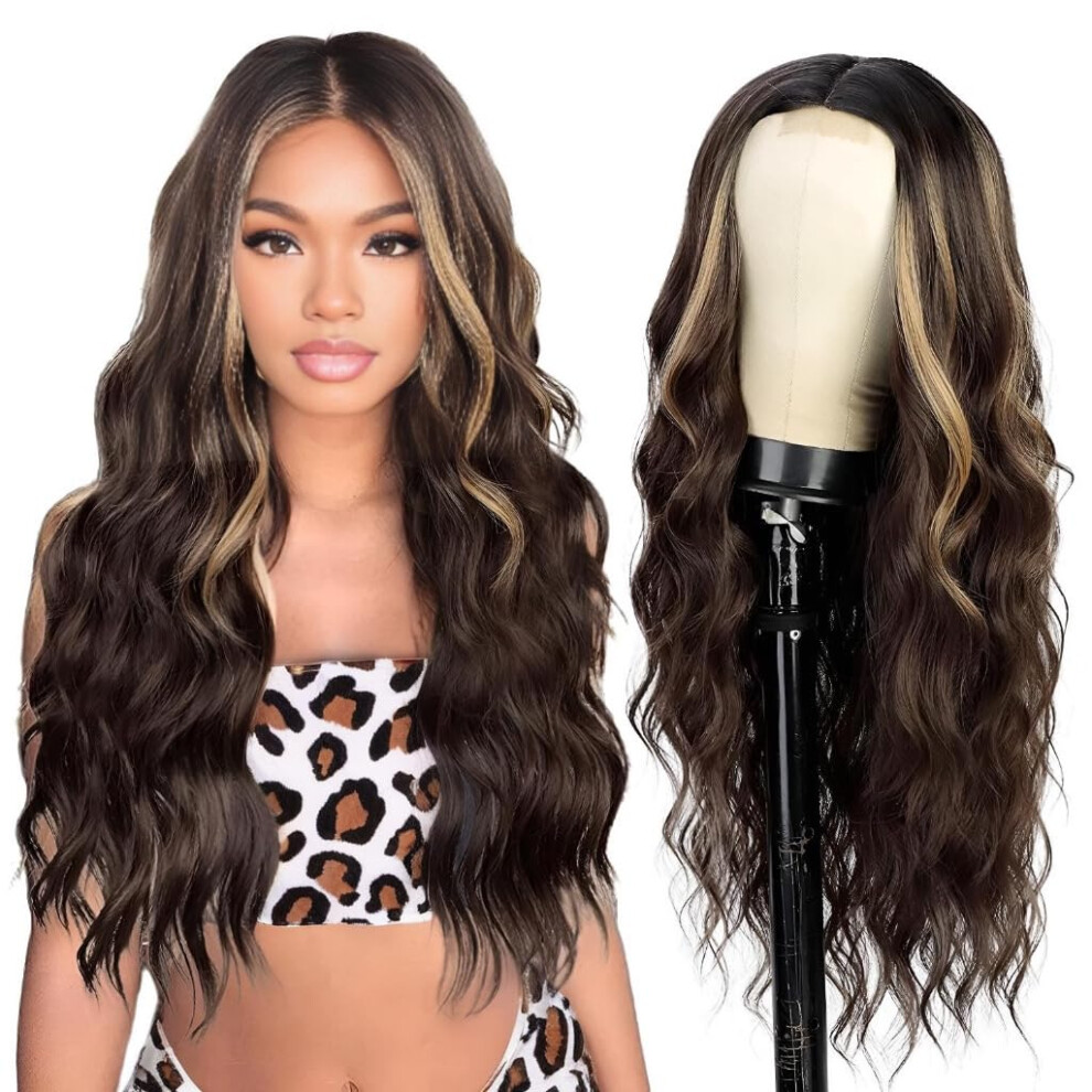 Women's Long Wavy Wig 26 Inch Synthetic Highlight Blonde Glueless Natural Hairline Brown
