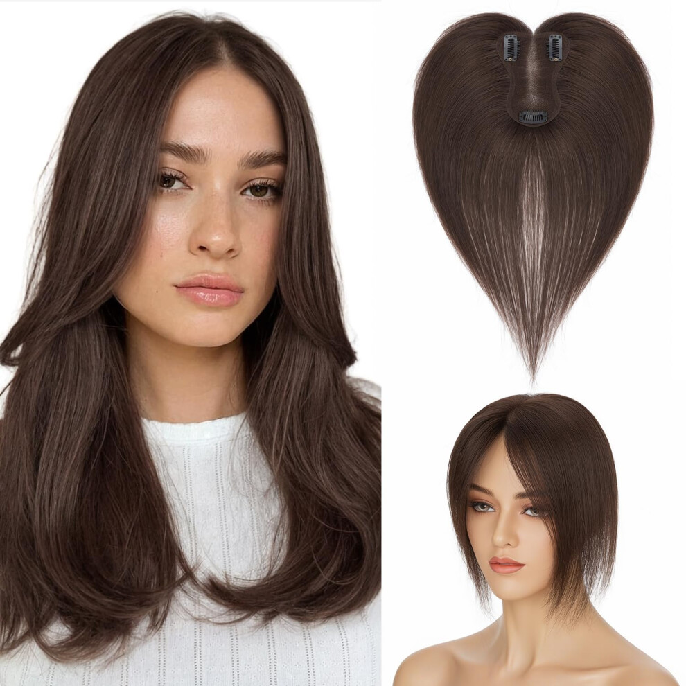 Unisex Brown Dark Human Hair Topper With Curtain Bangs, Clip In Hairpiece For Women, 360 Coverage