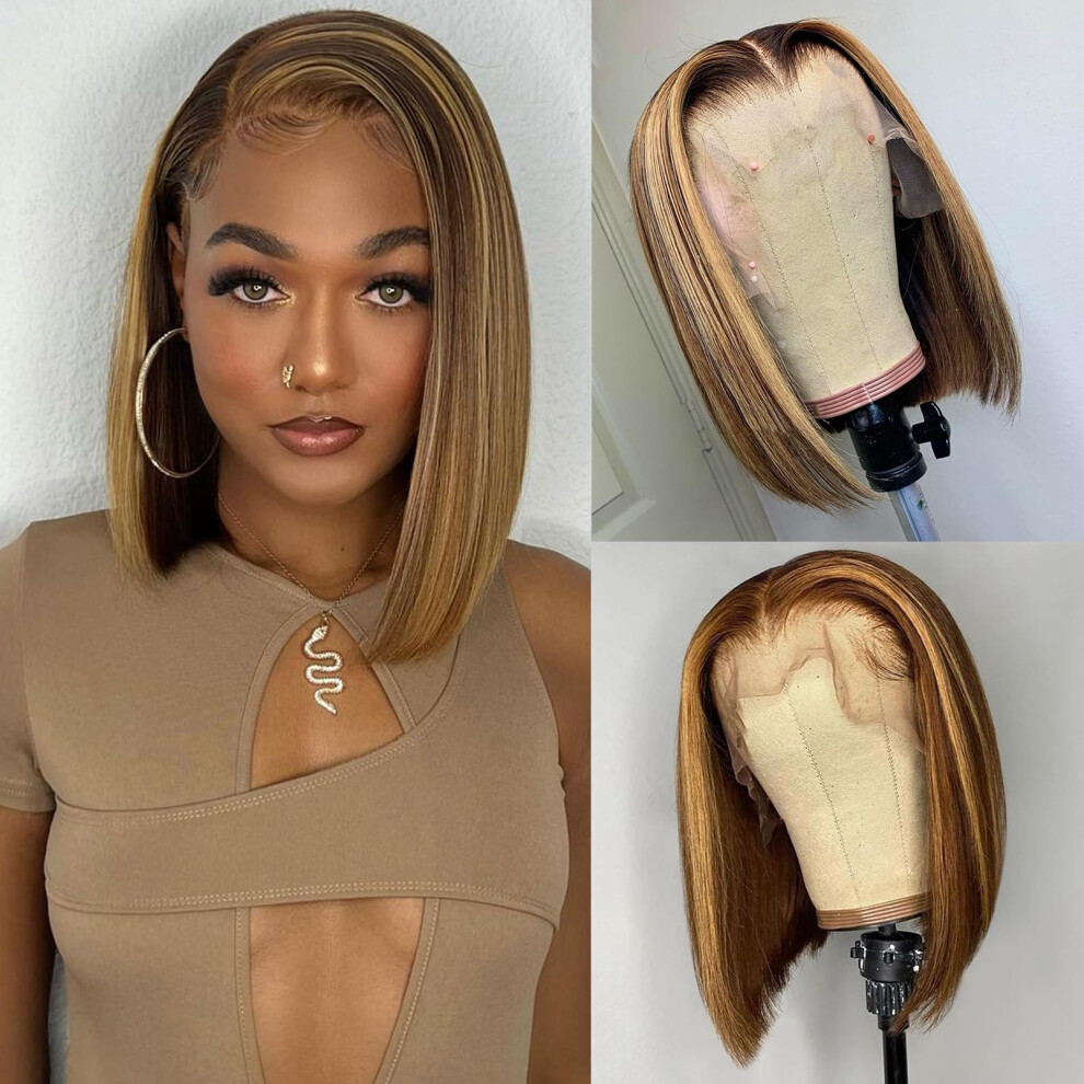 Unisex Honey Blonde Ombre Bob Wig Human Hair 13X4 Lace Front Pre Plucked Hairline 150 Density 10Inch