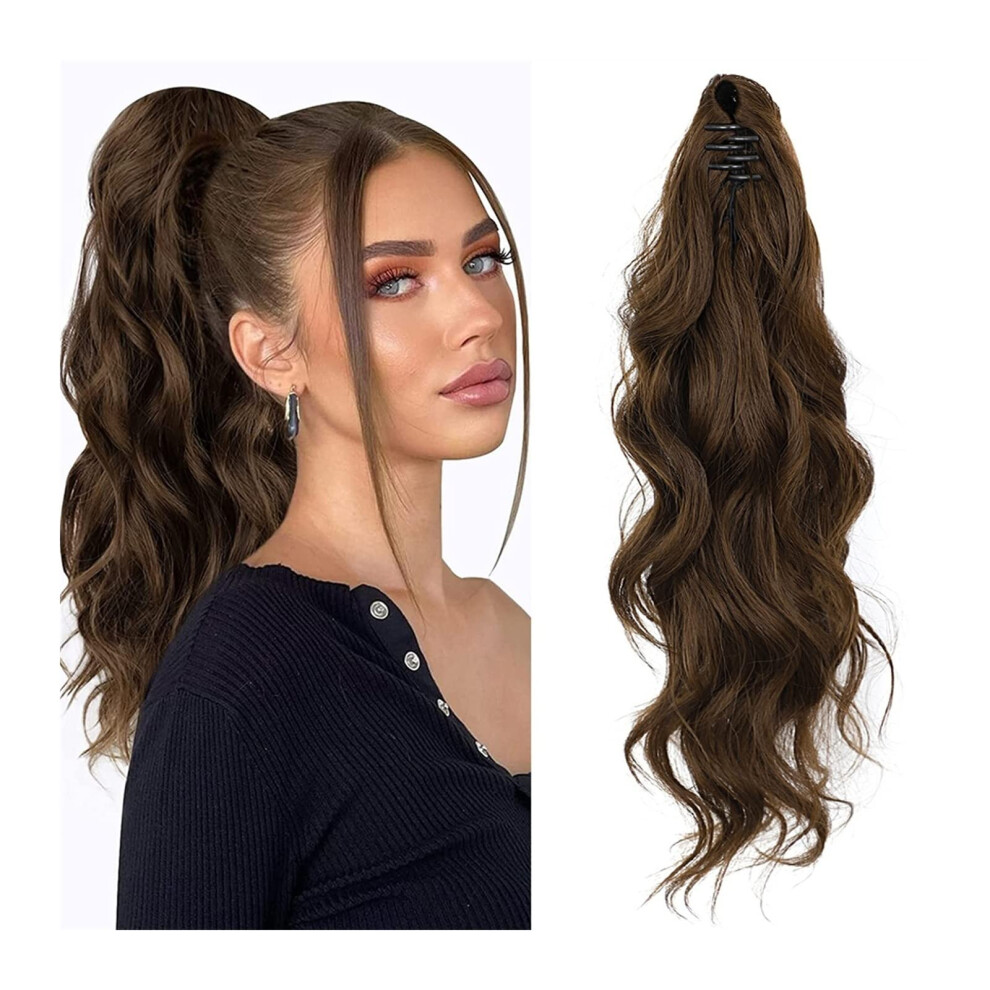Unisex Brown 20 Inch Curly Ponytail Extension Chocolate Synthetic Hairpiece With Secure Claw Clip