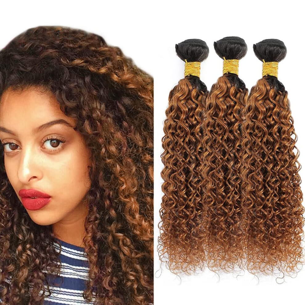 Unisex Brown Brazilian Remy Human Hair Bundles Ombre Kinky Curly 16 18 20 Inch Double Weft Extensions
