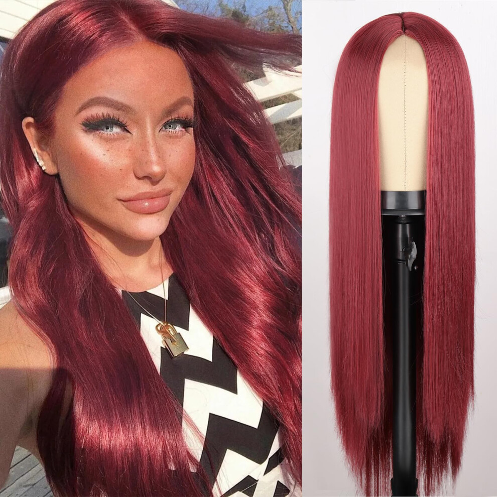 Unisex Red Wine Long Straight Synthetic Wig 30 Inch Lace Front With Realistic Hairline For Cosplay