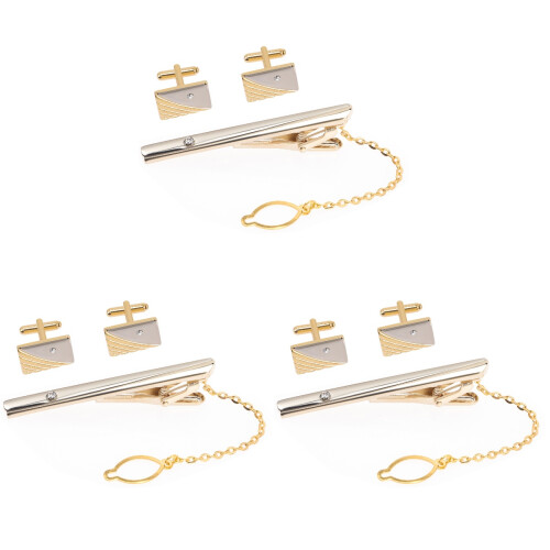 3Sets Goldene Manschettenknöpfe Krawattenclip Set 1