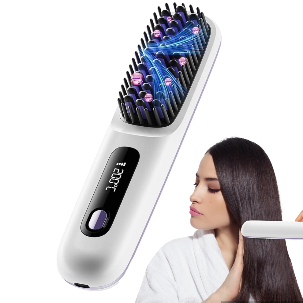 White Hair Straightener Brush Cordless With Led Display, 3 Temp Settings Ceramic Comb For Travel