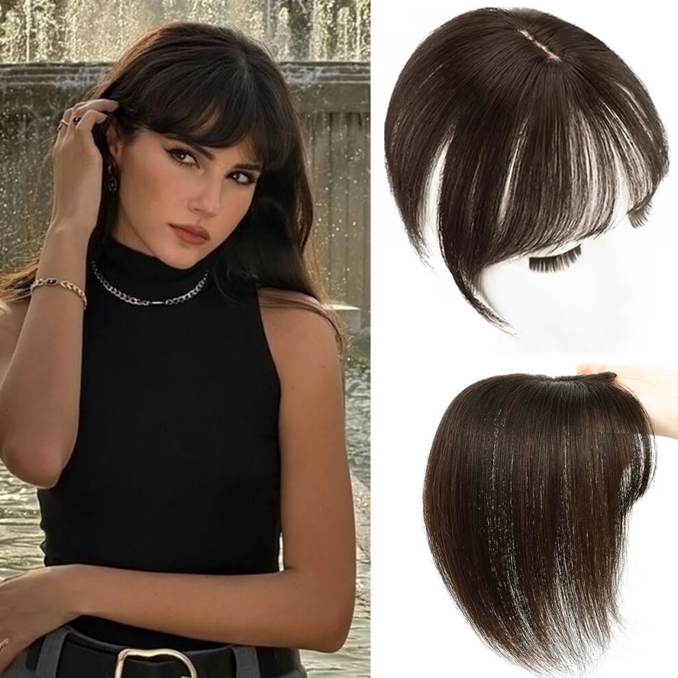 Unisex Brown Real Human Hair Topper With Bangs 360 Full Coverage Dark Extensions For Daily Comfort