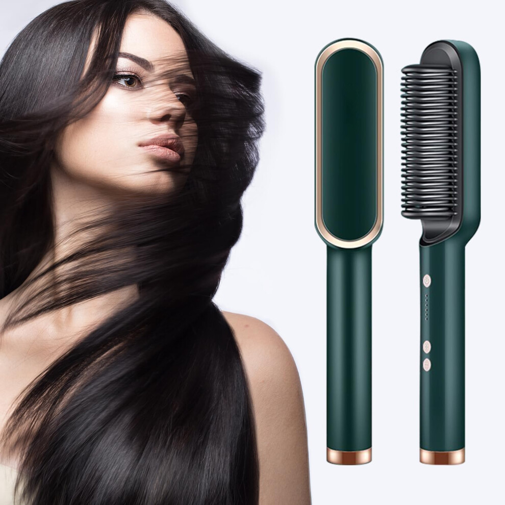 Green Hair Straightener Brush With Ionic Technology, 2 In 1 Curler, 5 Temps, Fast Heat, Antiscald