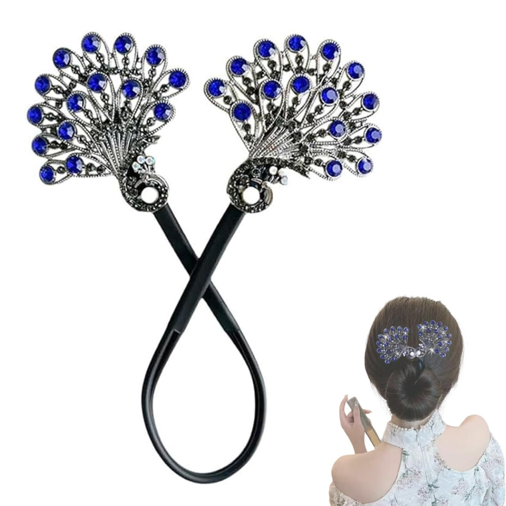 Elegant Peacock Hair Bun Maker with Rhinestones, Easy French Twist Styling Tool for Women, Blue