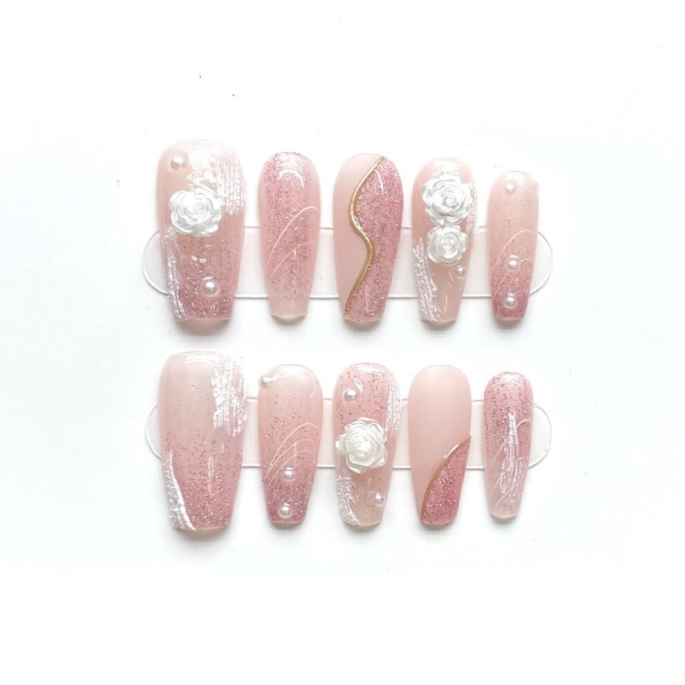 Fake Nails with Detachable Pink Heart Cat Eye Design, Reusable Handmade Press On Nails Pink M