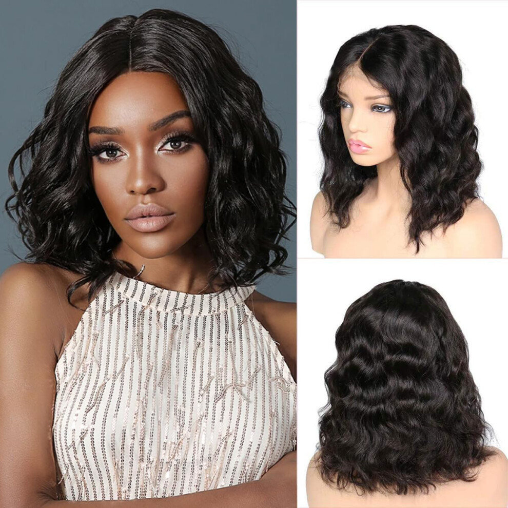 Unisex 13X4 Lace Front Human Hair Bob Wig 12 Inch Brazilian Remy, Preplucked Natural Hairline, Body Wave
